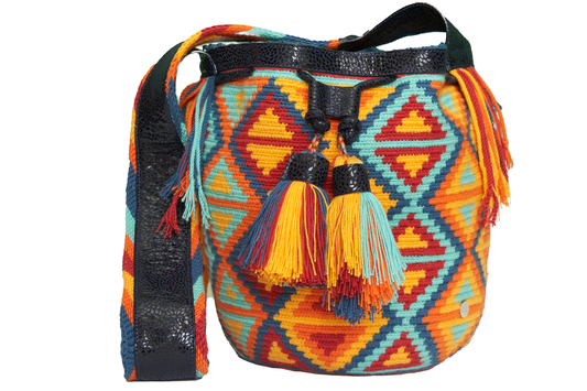 Leather Bag / Wayuu Bag with Diamond Pattern and two tassels