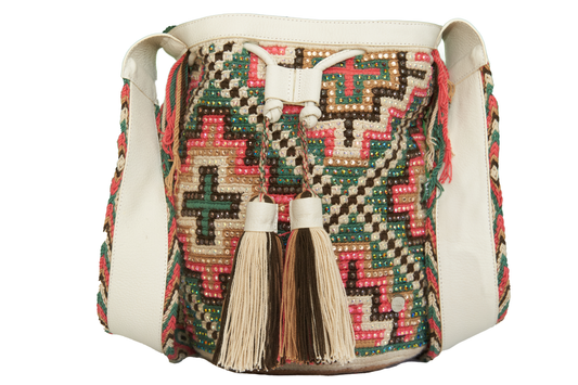 White Leather Wayuu Bag with Multicoloured Gems and two tassels. The mochila has a cross shaped pattern 