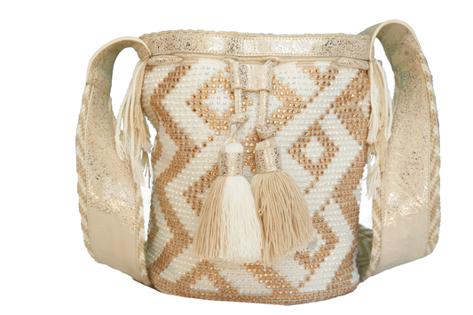 Leather Wayuu Bag - Cream and Gold with Gems. The mochila bag also has 2 tassels