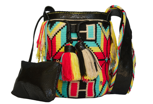 Handmade Black Leather Wayuu Bag with Multicoloured Pattern and two tassels
