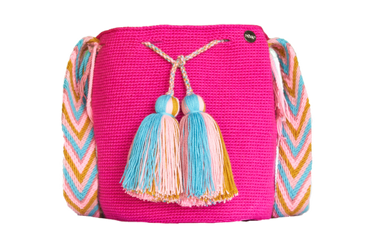 Medium Handmade Pink Handbag, with a patterned handle and 2 tassels
