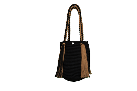 Handmade Black and Beige Tote With Long Tassels