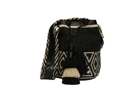 Black and White Leather Crochet Bag with Gems. The wayuu bag also has 2 tassels.
