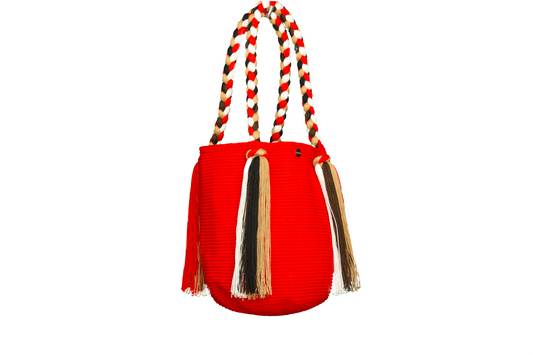 Red Tote Bag with Long Tassels, the crochet bag also has a woven handle 