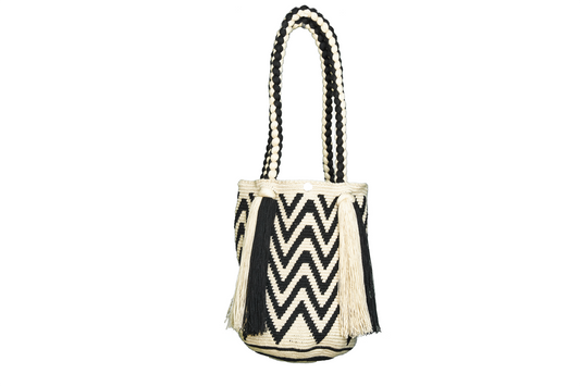 Black and White Tote Bag with Long Tassels. the crochet  handbag also has a woven handle