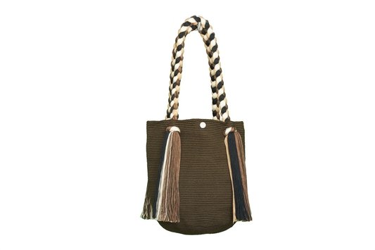 Brown crochet Tote Bag with 4 Long Tassels. The wayuu bag also has a woven handle.