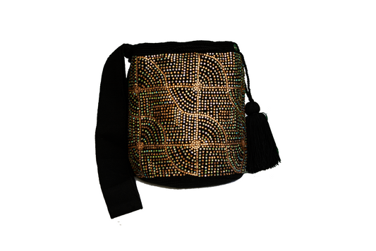 Black Handbag with Silver and Gold Gems. The wayuu bag also has 2 tassels.