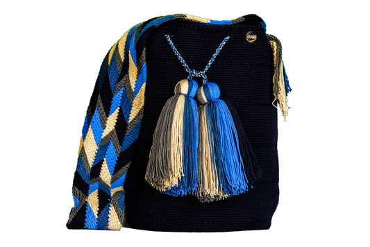 Navy Blue Wayuu Bag, the handbag also has 2 tassels  