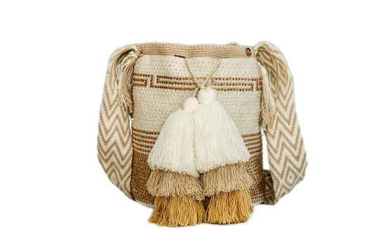 Cream Crochet Bag with Gold and Diamond Gems. The Wayuu bag also has 6 tassels