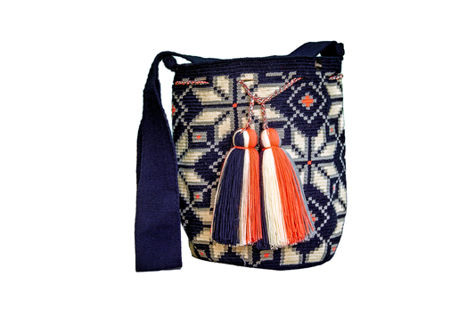 Handmade Navy Blue & White Patterned Crochet Handbag, with 2 tassels. 