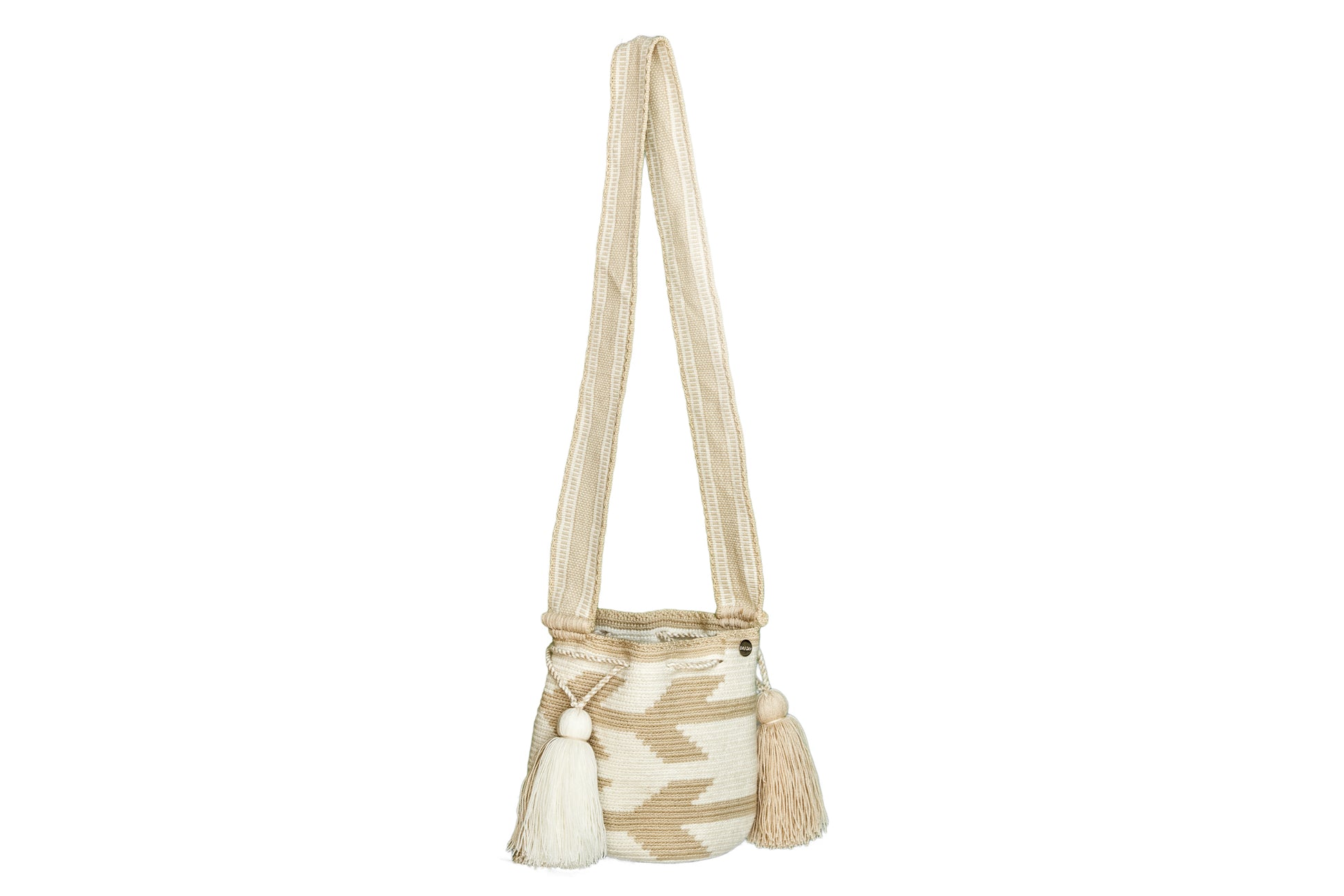 Medium White and Beige Handbag with Arrow Pattern and two tassels