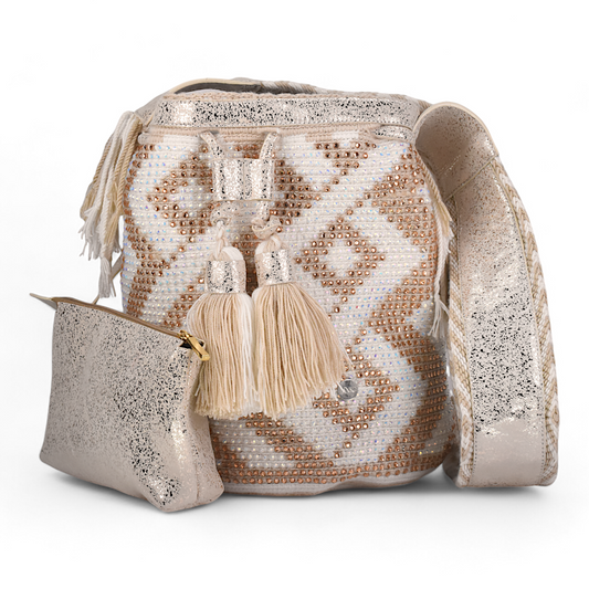HandCrafted Leather Crochet Danko Bag - Cream and Gold with Gems