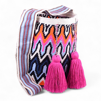 Hand Bag with Unique Design & Multicolor Strap and Fuchsia Tassels