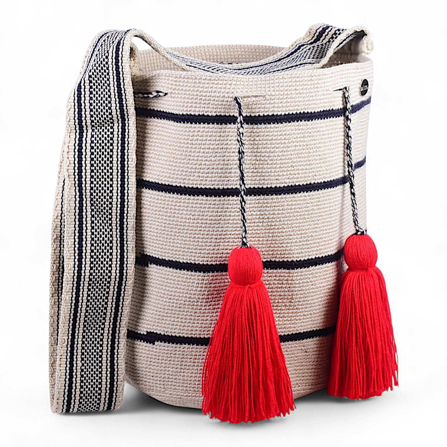 Hand Crafted Bag with Beige & Navy Blue Stripe Design and Red Tassels