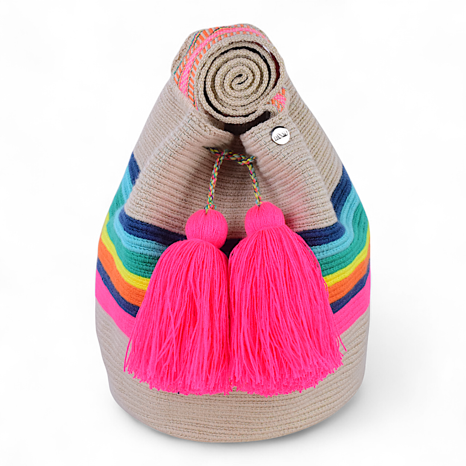 Hand Crafted Bag with Multicoloured Stripes and Pink Tassels 28x28cm