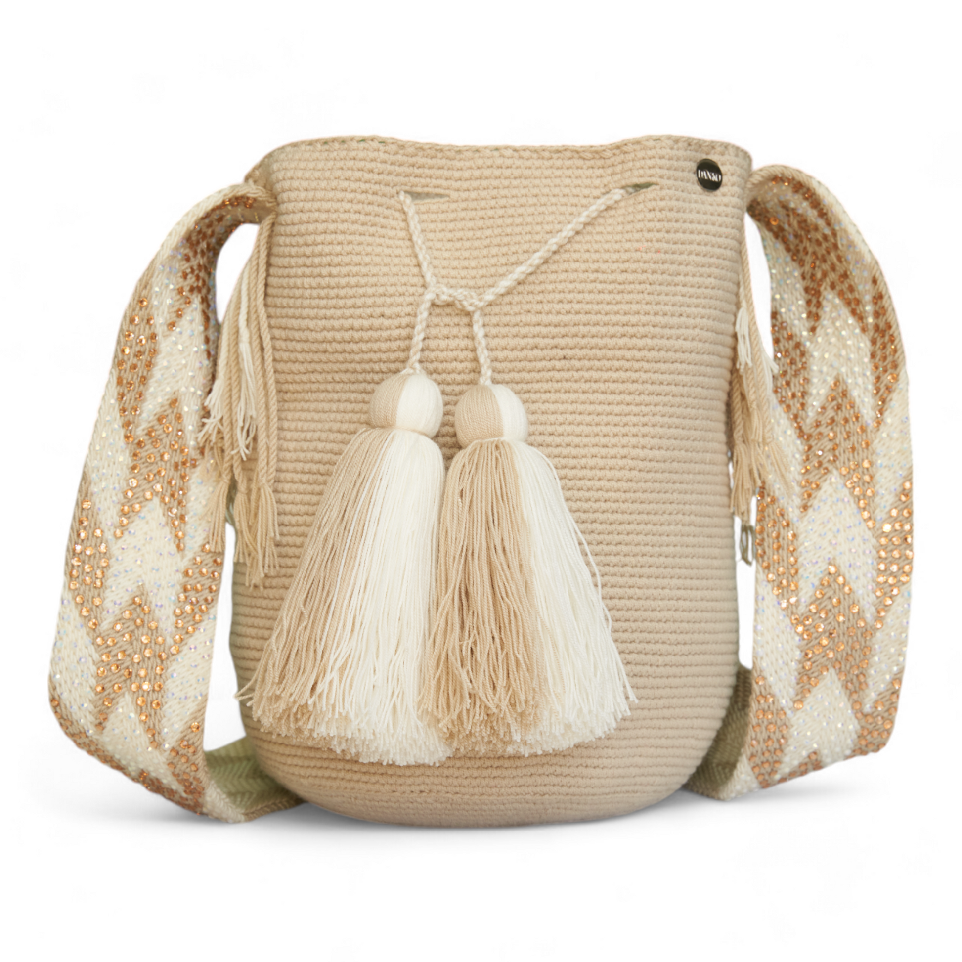Hand Crafted Beige and_White Shoulder Bag Mochila with Gem Handle
