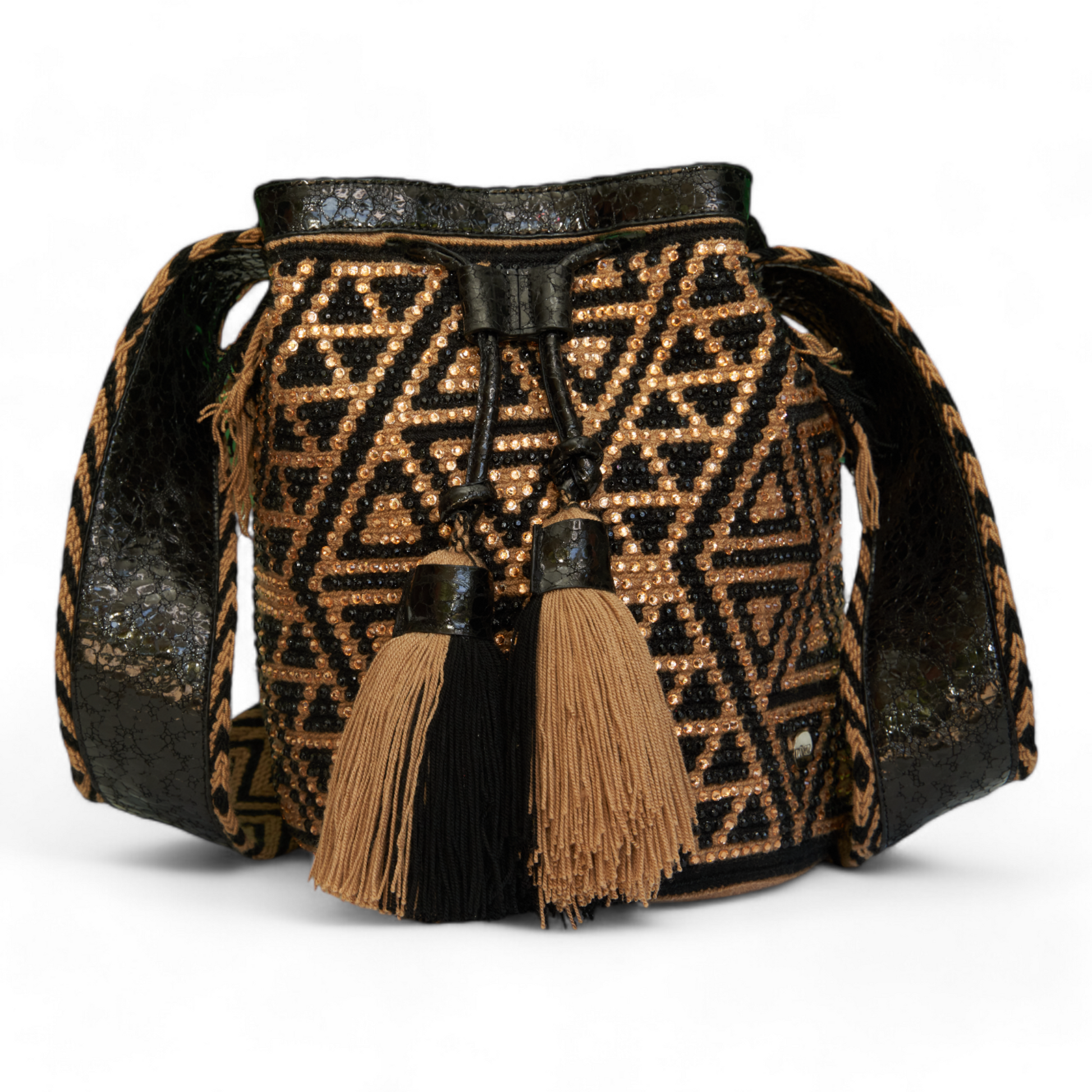Hand Crafted Black Gold Leather Crossbody Bag with Gems