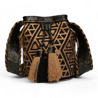 Hand Crafted Black Gold Leather Crossbody Bag with Gems