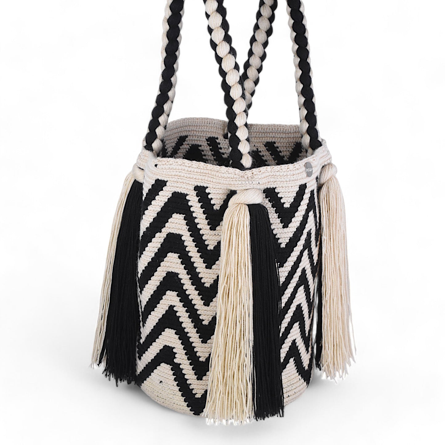 Hand Crafted Black and White Shoulder Bag with Long Tassels