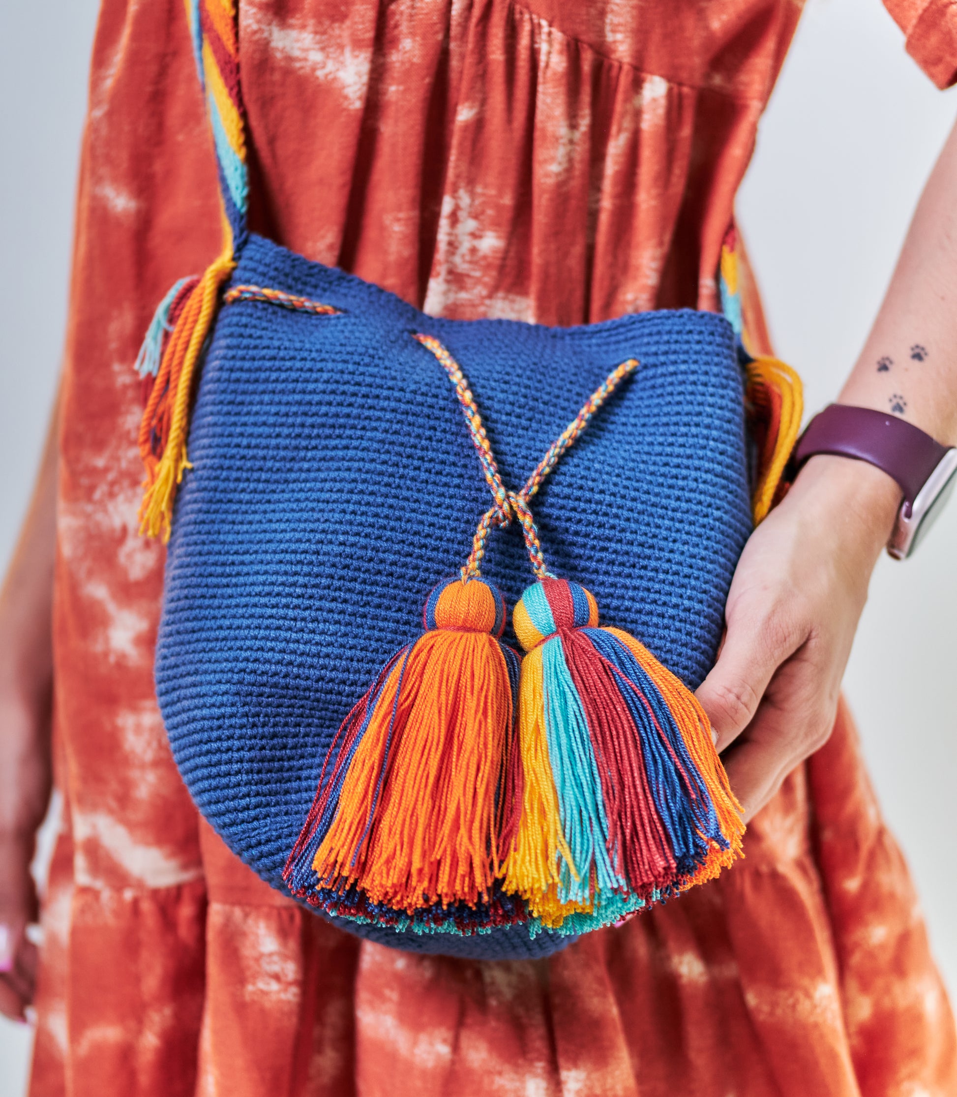 Hand Crafted Blue Wayuu Shoulder Bag with Multi-coloured Handle and Tassels
