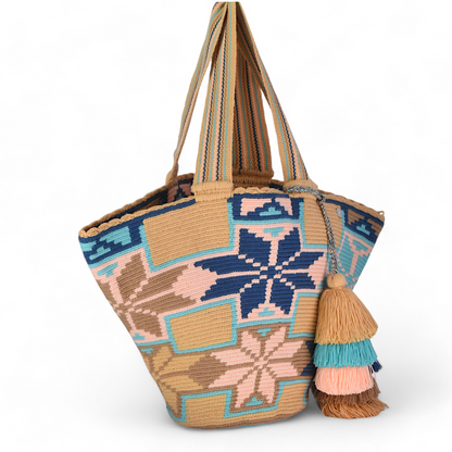 Hand Crafted Crochet Beach Bag with a Blue and Pink Star-Shaped Flower Design and Tassels