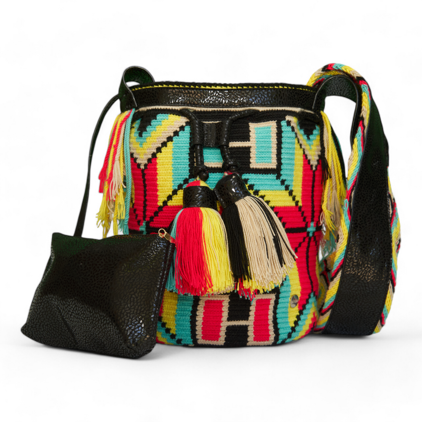 Hand Crafted Danko Black Genuine Leather Crossbody Bag with Multicoloured Pattern