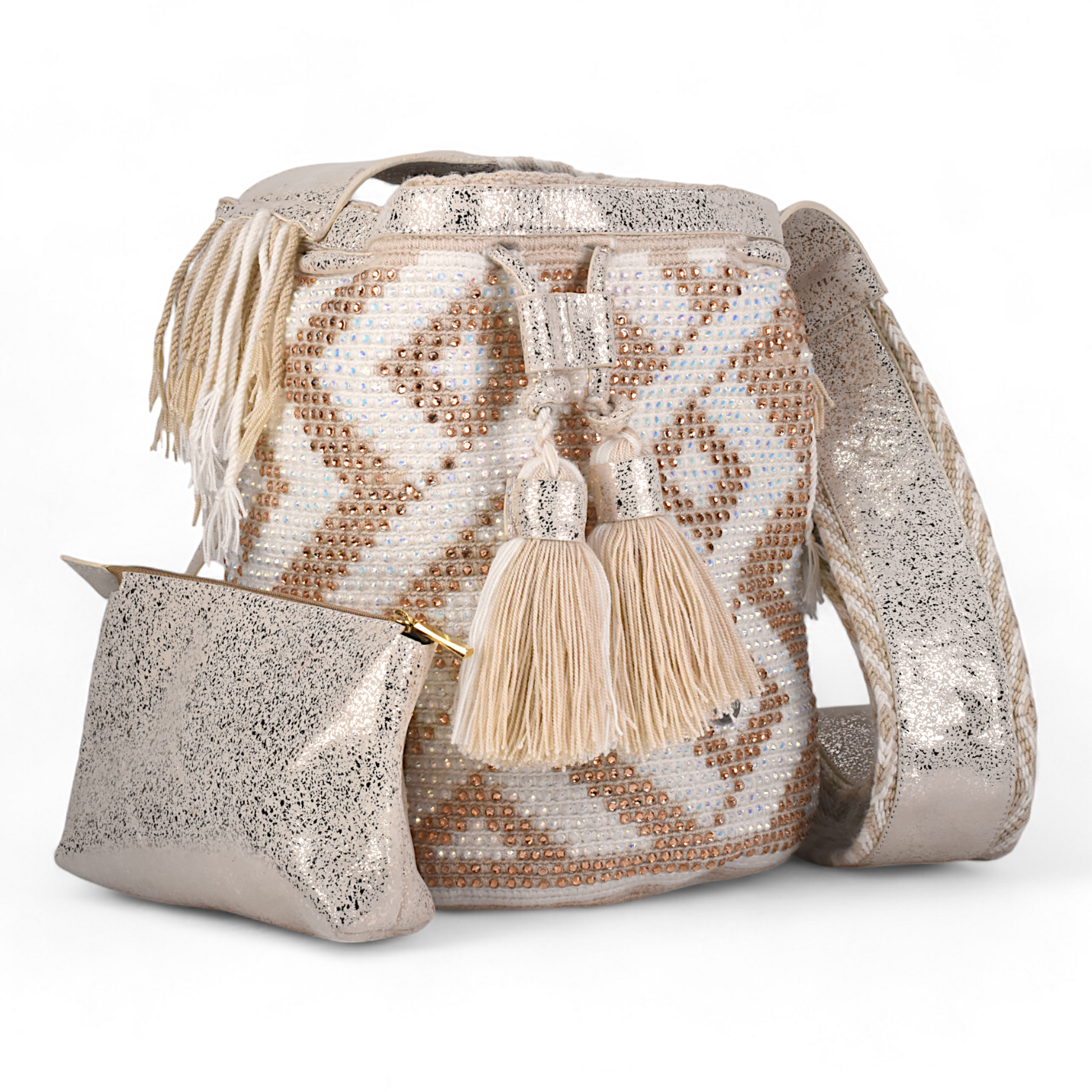 Hand Crafted Genuine Leather Danko Shoulder Bag with Tassels - Cream and Gold with Gems