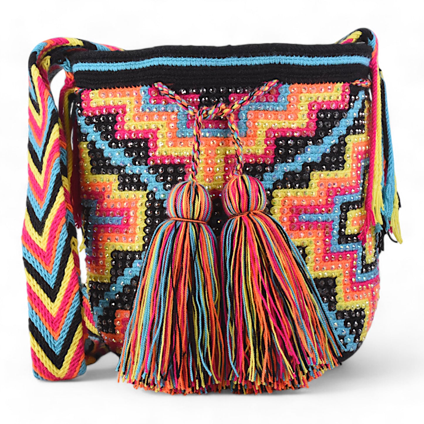 Hand Crafted Multicoloured Cross Pattern Crochet bag with Gems