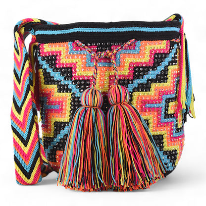 Hand Crafted Multicoloured Cross Pattern Crochet bag with Gems