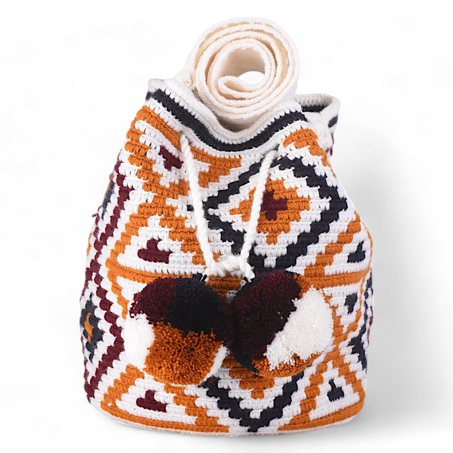 Hand Crafted Patterned Crossbody Wayuu Bag with Pom Poms and white Handle