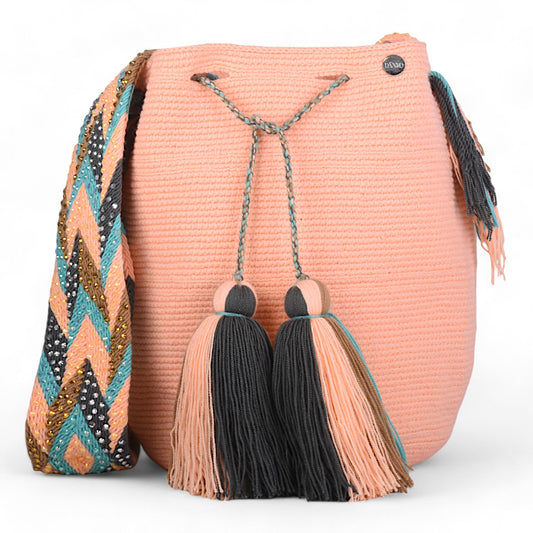Hand Crafted Peach Crochet Danko Bag with Gem Handle