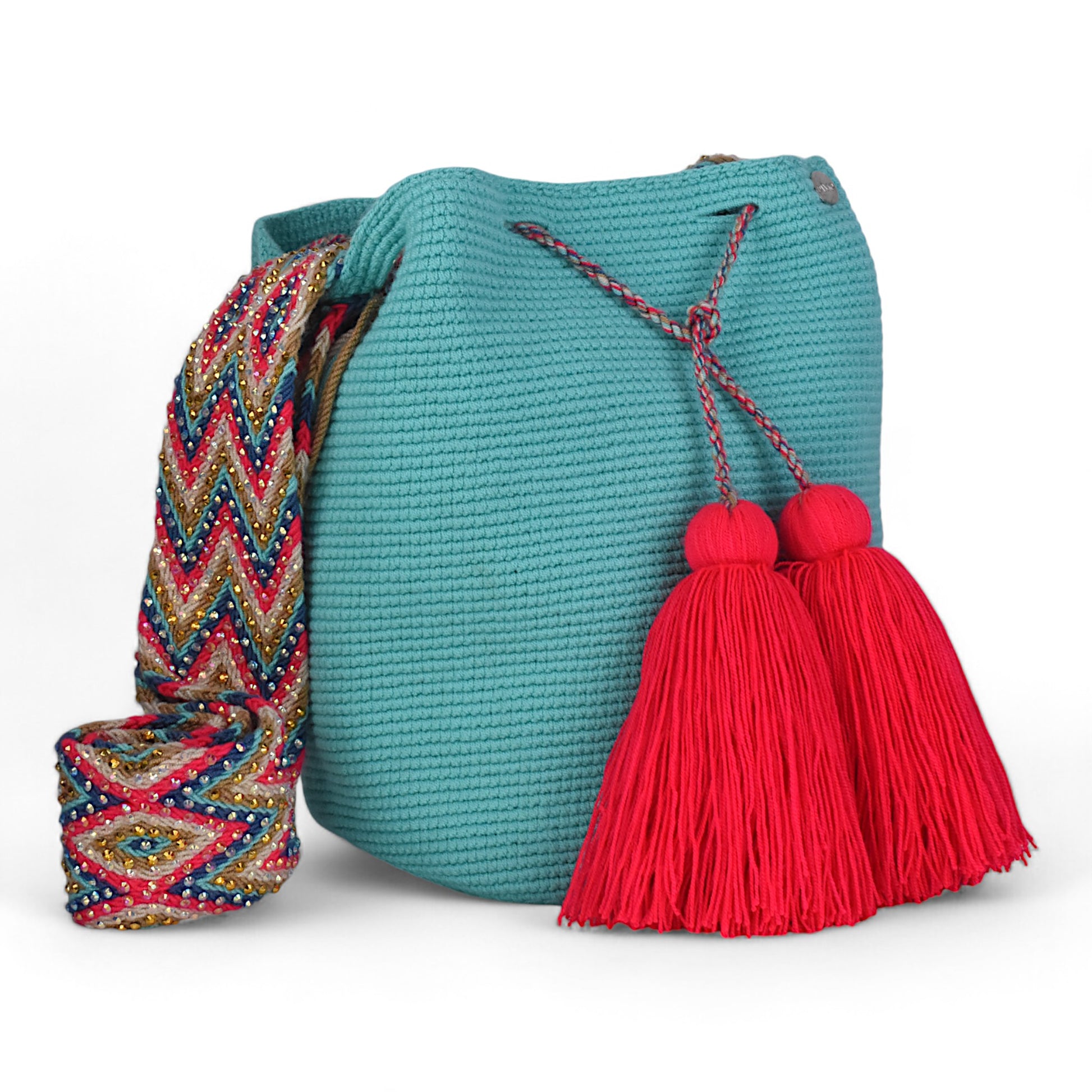 Hand Crafted Turquoise Crochet Shoulder Bag with Red Tassels and Gem Handle