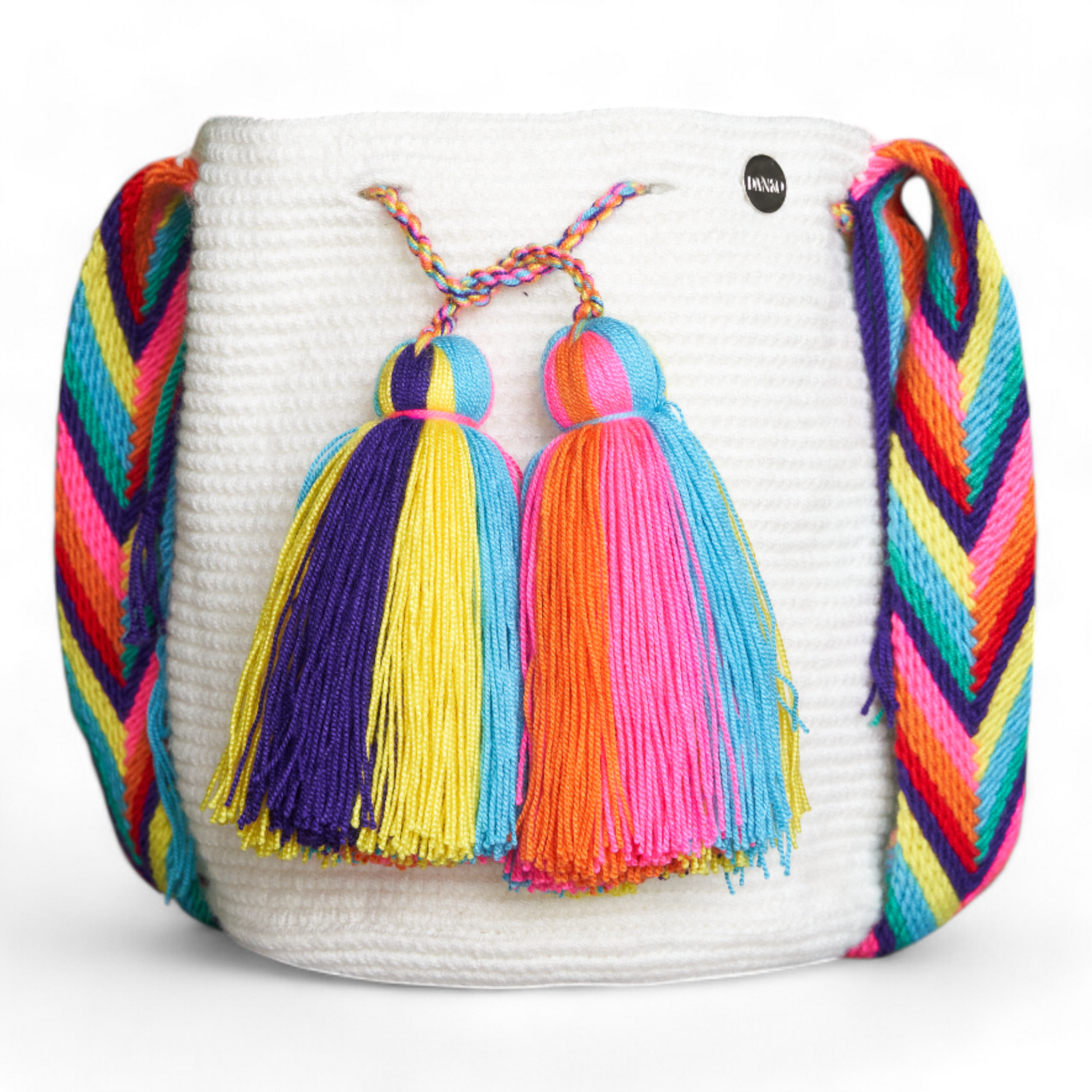 Hand Crafted White Crochet Shoulder Bag with Multicolour Handle and Tassels