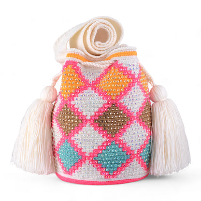 Hand Crafted White Patterned Crochet Crossbody Bag with Gems and Tassels