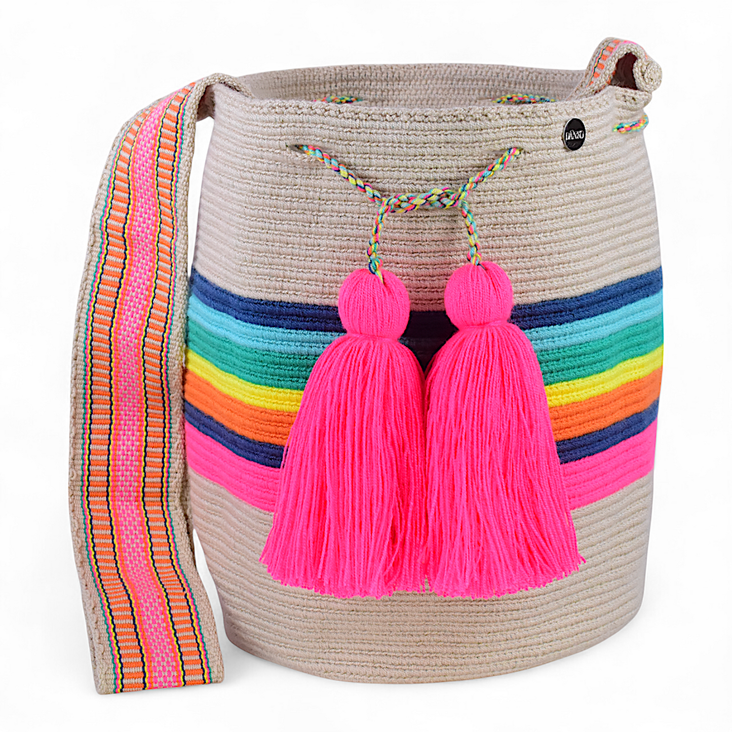 Hand Made Crossbody Bag with Multicoloured Stripes and Pink Tassels