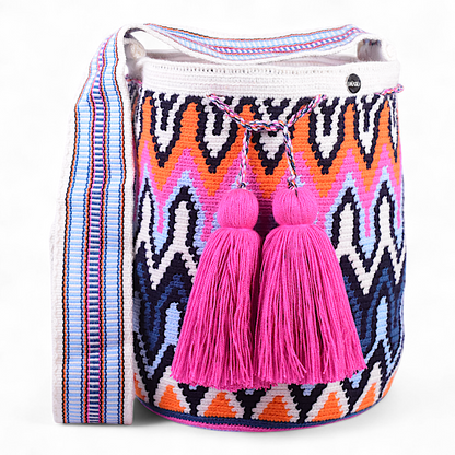 Hand Made Crossbody Bag with Unique Design & Multicolor Strap and Pinkish Purple Tassels