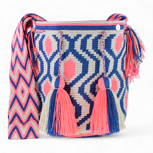 Hand Made Large Crossbody Bag with Coral & Navy Geometric Design 28x28cm