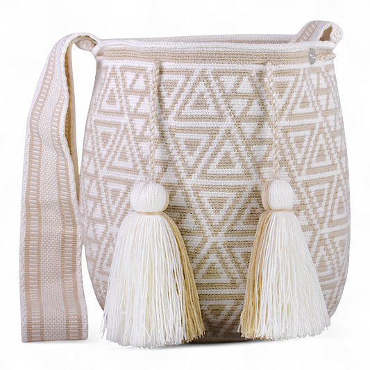 Hand Made Large Indigenous Shoulder Bag with White & Cream Geometric Design