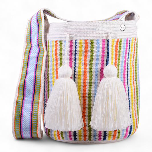 Hand Made Large Mochila Bag with Multi Colour Stripe Design and White Tassels