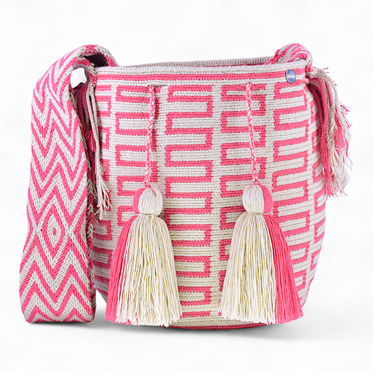 Hand Made Large Wayuu Shoulder Bag with Pink Meander Design and Tassels
