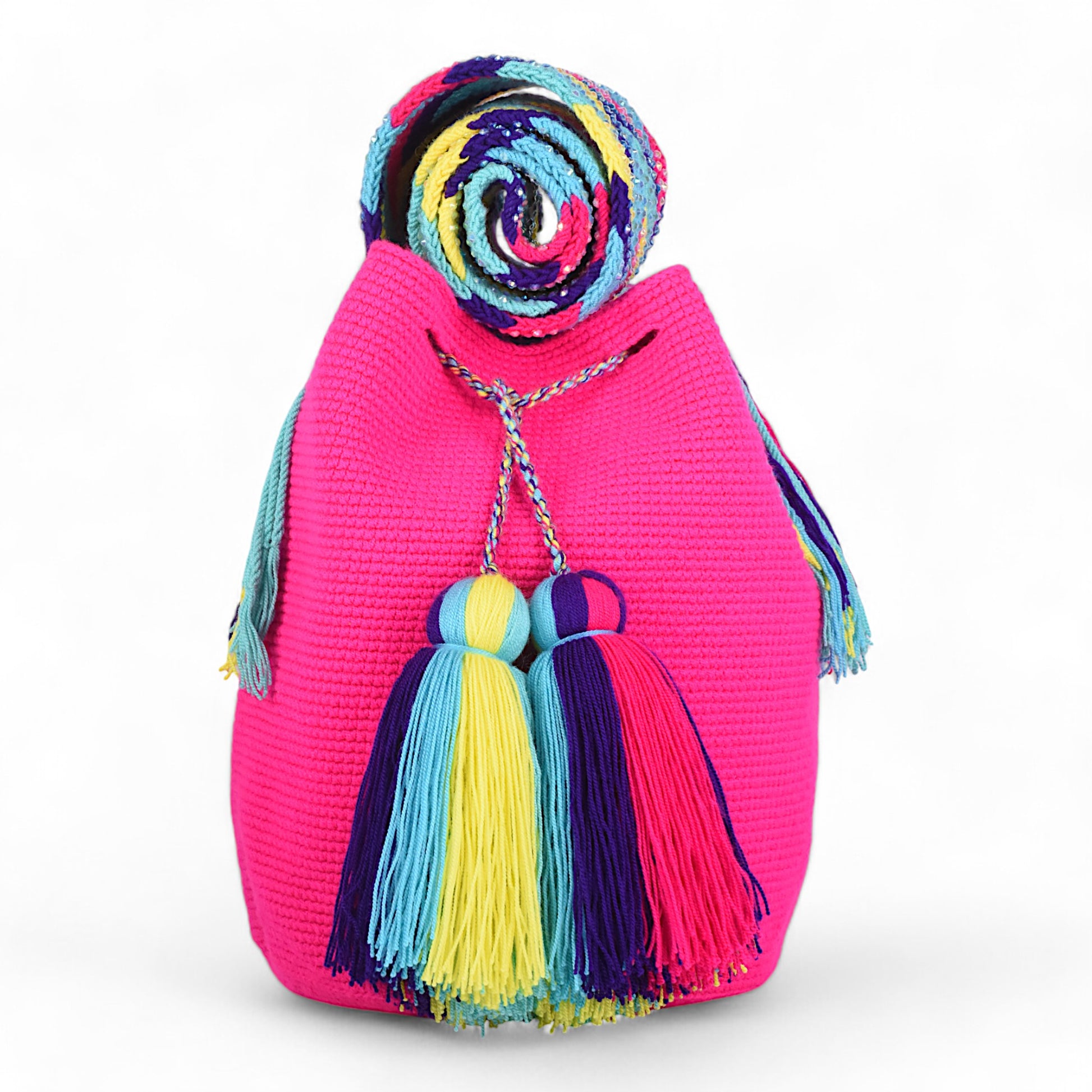 Hand Made Pink Crochet Handbag Multi Colour Gem Strap with Tassels