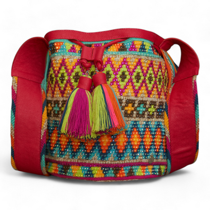 Hand Made Pink Genuine Leather Crochet Handbag with Tassels and Diamond Gem Pattern 
