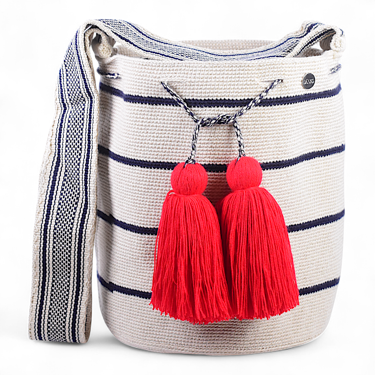 Hand Made Shoulder Bag with Beige & Navy Blue Stripe Design and Red Tassels 28x28cm