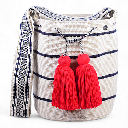 Hand Made Shoulder Bag with Beige & Navy Blue Stripe Design and Red Tassels 28x28cm