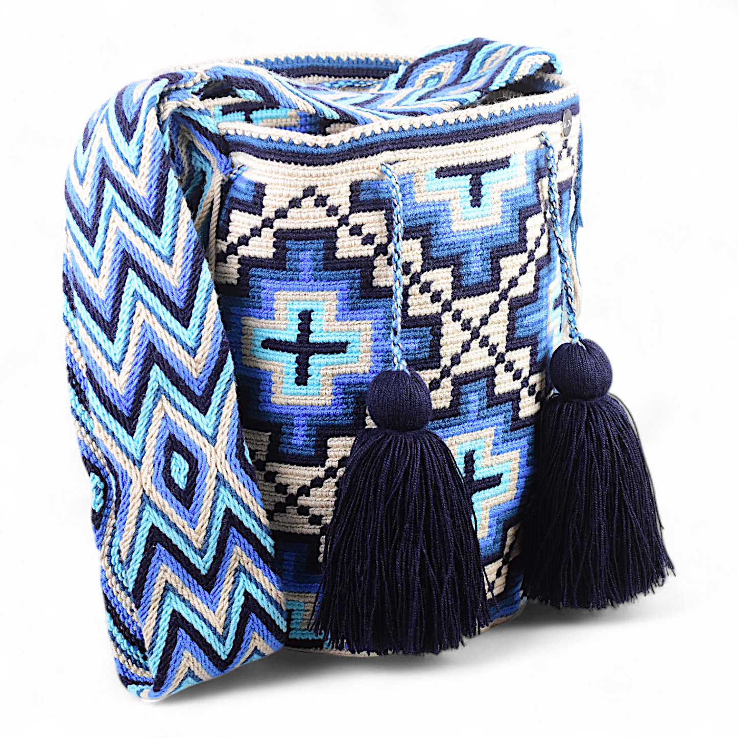 Hand Made Shoulder Bag with Blue Cross Design and Navy Blue Tassels