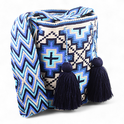 Hand Made Shoulder Bag with Blue Cross Design and Navy Blue Tassels