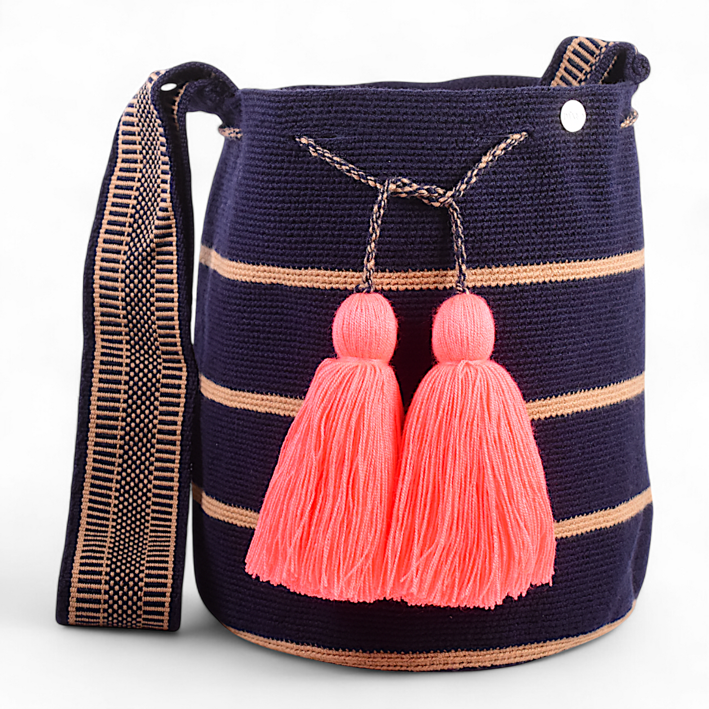 Hand Made Shoulder Blue Bag with Beige Stripe Design and Pink Tassels 28x28cm