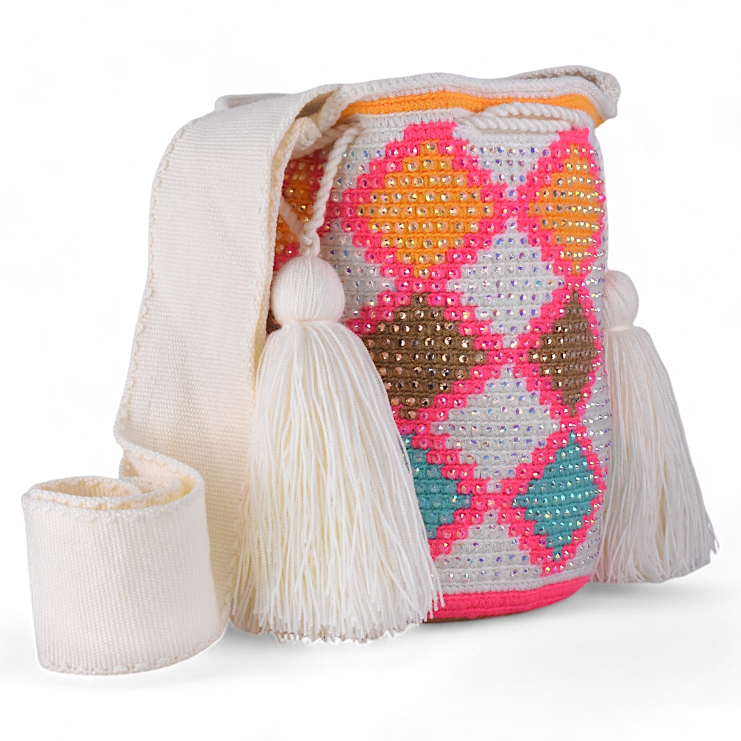 Hand Made White Patterned Shoulder Bag with Gems