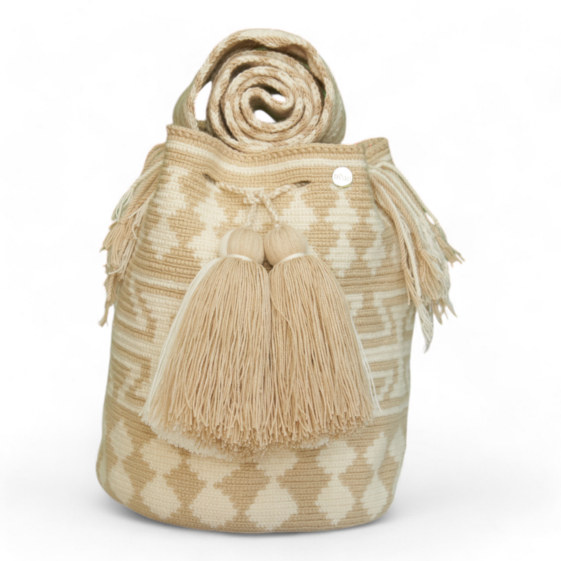 Hand Made White and Beige Patterned Crochet Hand Bag with Tassels