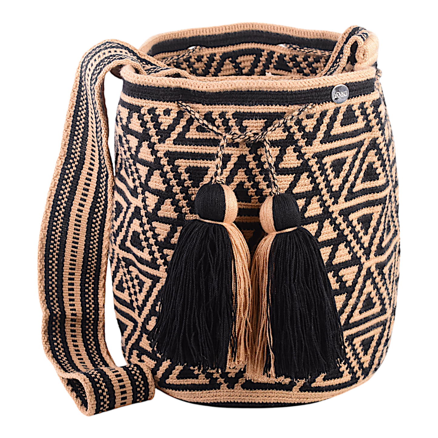 Hand made Wayuu Bag with Black and Gold Triangles with Tassels 28x28cm